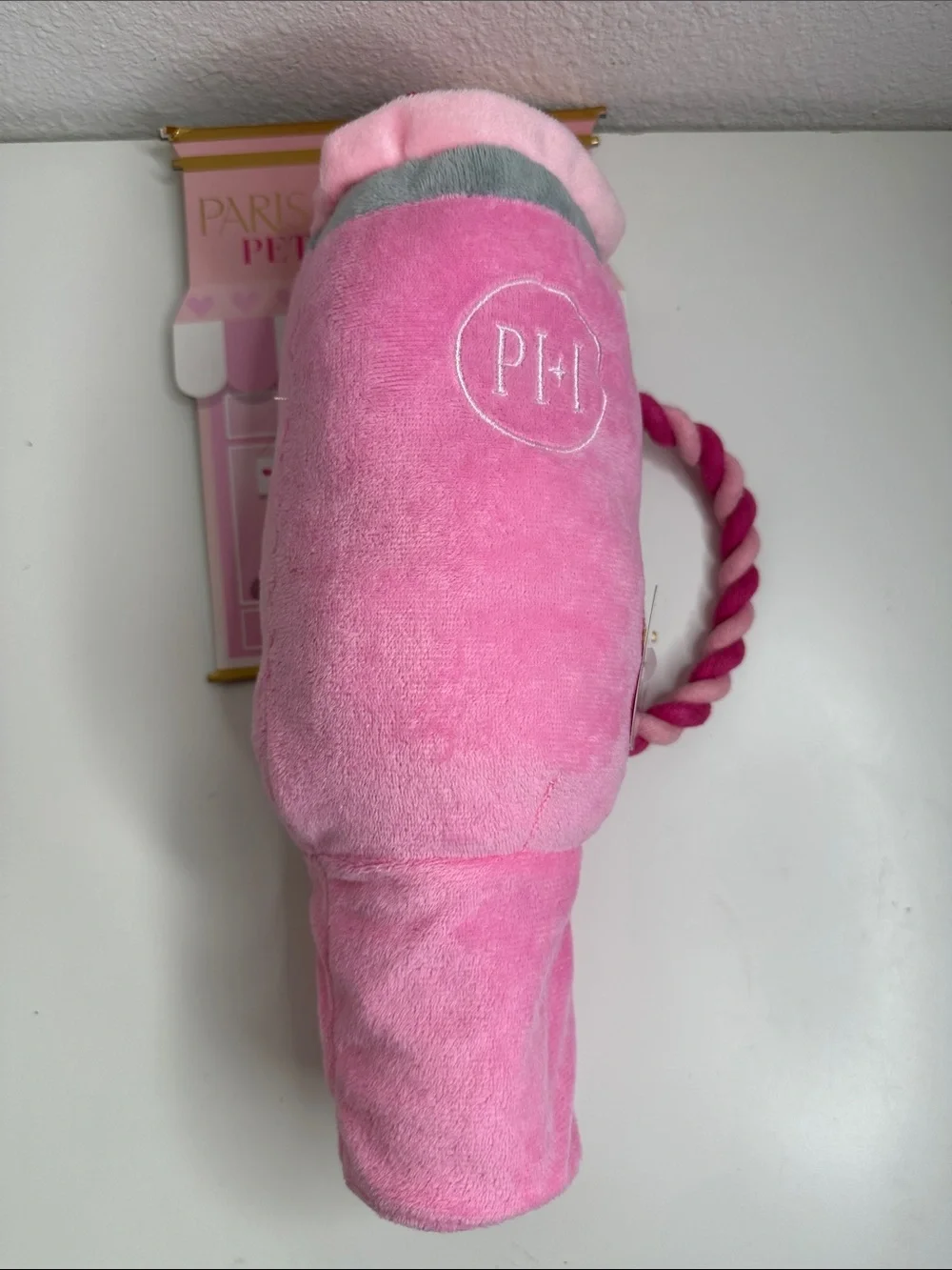 Paris Hilton Pink Plush Shake Dog Toy with Striped Rope Handle